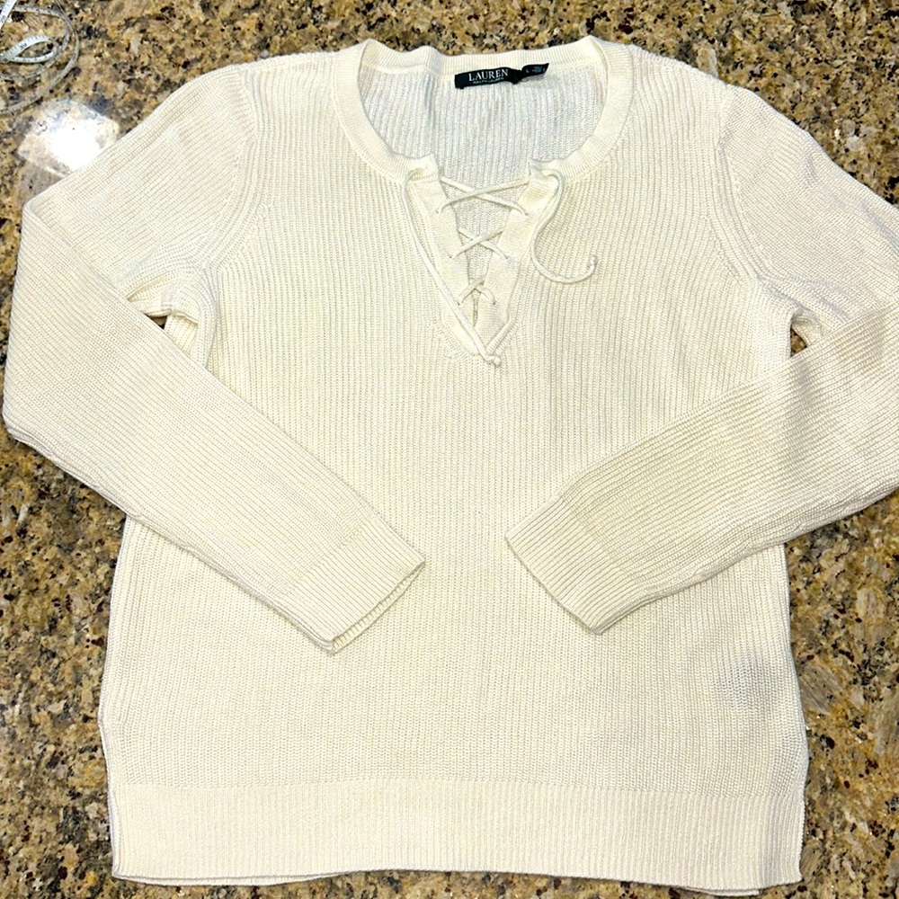 Lauren Ralph Lauren ivory lace up v-neck luxe sweater - Picture 3 of 5